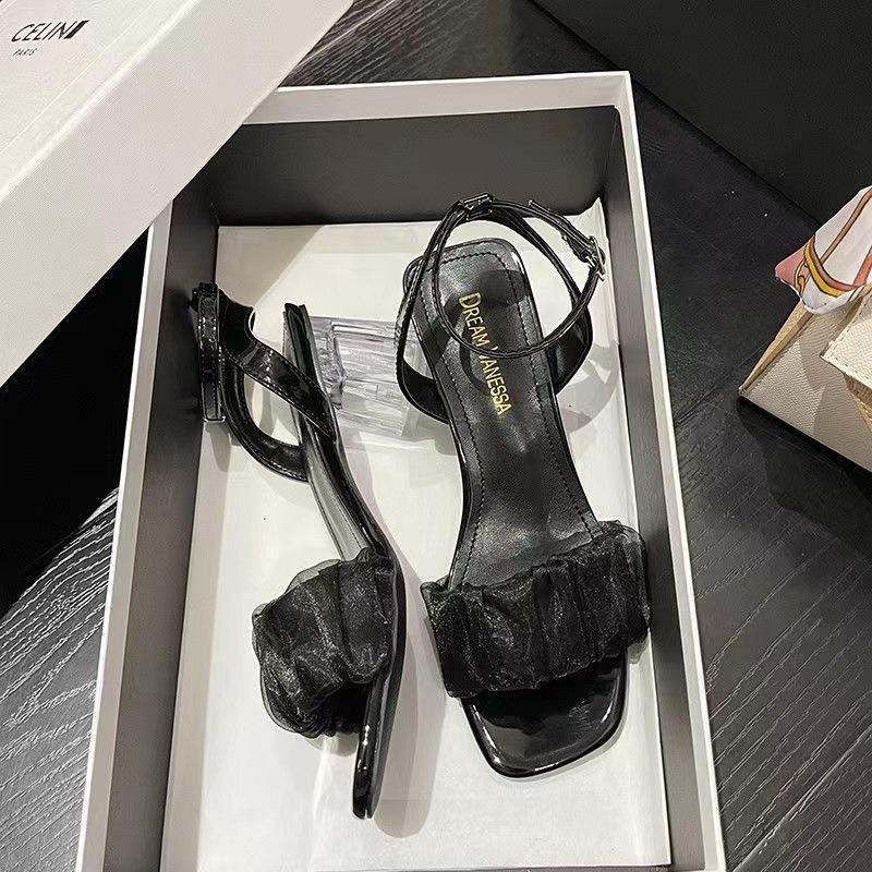 Sandal Girl 2025 Summer New Style Thick Heel Middle Heel Crystal French Fairy Word with Roman Sandals Ins