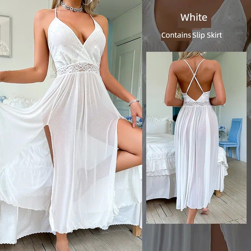 

New Arrival Fashion Style Sexy Mesh Nightdress/Pure Desire Perspective Deep V Suspender Skirt/Sexy Temptation Date Skirt White L