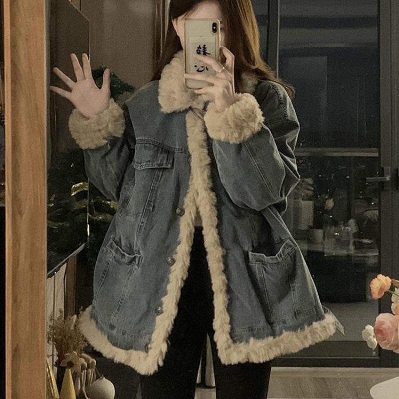 Lamb Wool Denim Jacket for Women In Autumn and Winter Updated Comfortable Fit Velvet Cotton Clothes Small Thickened Cotton Jacket