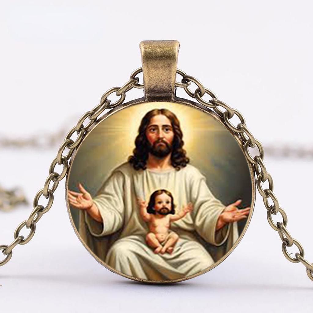 This Vintage-Style Necklace Features A Round Medallion And A Religious Pendant Depicting Saint Joseph And The Infant Jesus.