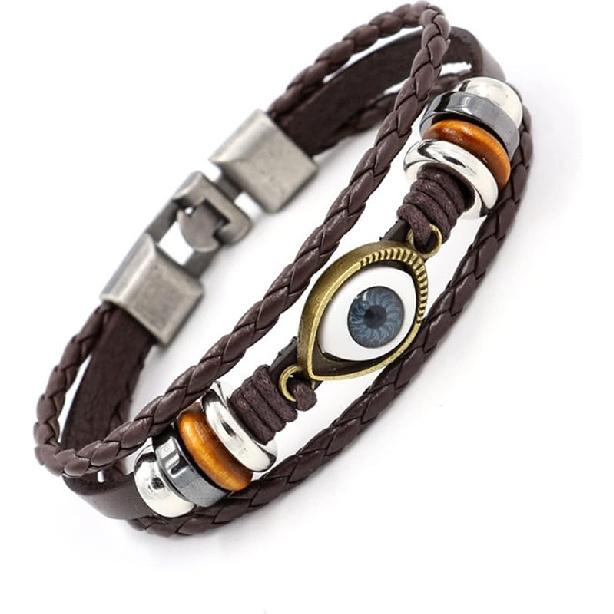 Caiyao Punk Ethnic Layered Leather Evil Eye Bead Cuff Bracelet Adjustable Braided Woven Hamsa Hand Wrap Elephant Owl Animal Wristband for Women Men
