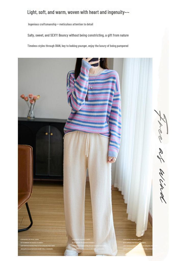Women's Wool Striped Round Neck Pullover Sweater - Slimming, Long Sleeve Knit Top for Autumn/Winter