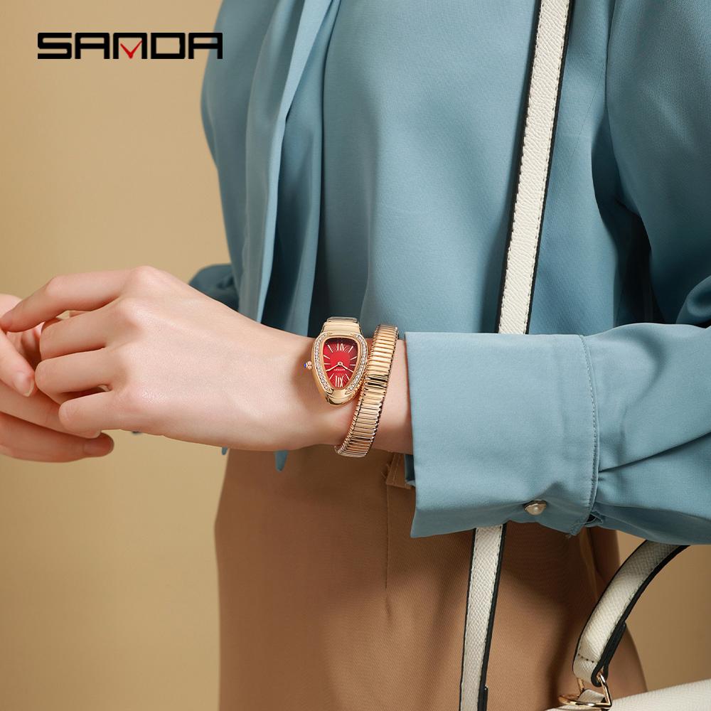 SANDA Fashion Women's Quartz Watch Serpentine Inlaid Diamond Women's Watch Retro Light Luxury Women's Quartz Watch