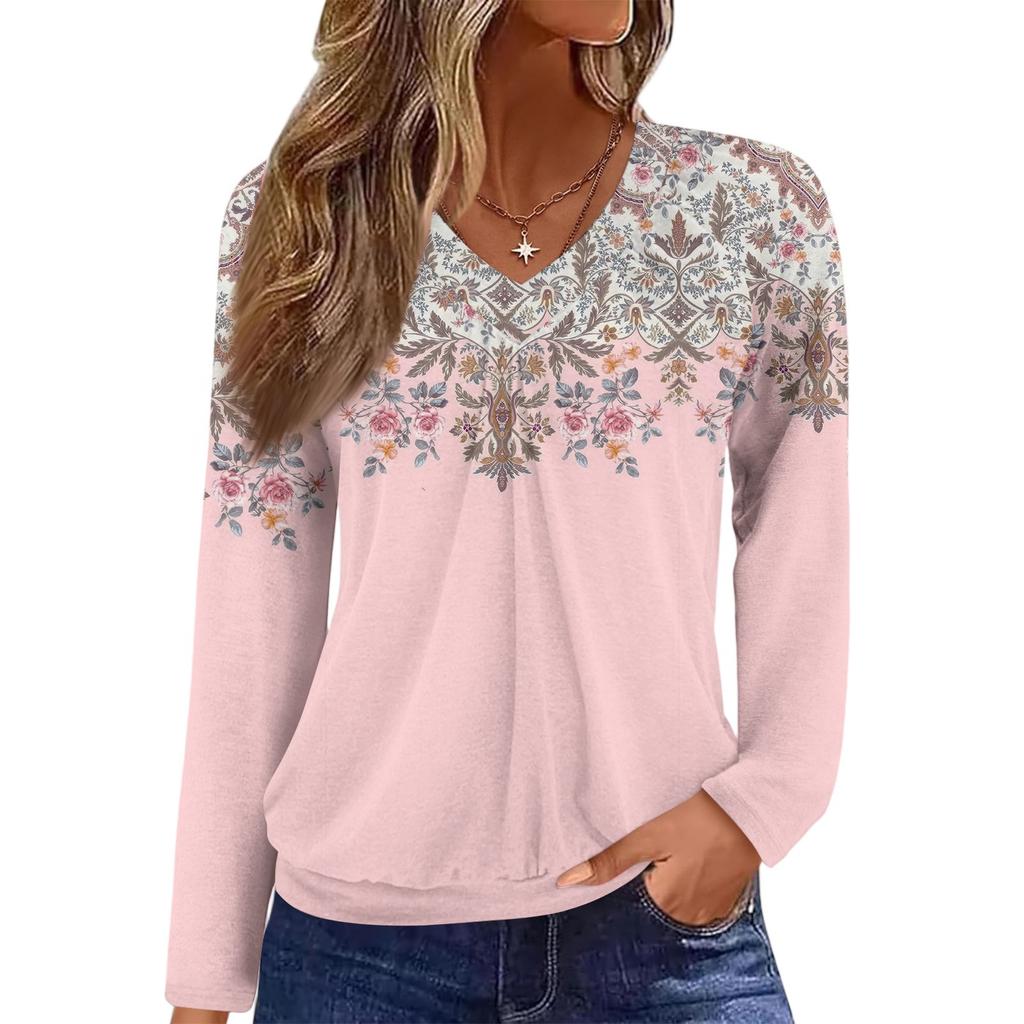 Women's Casual Fashion V-Neck Raglan Pleated Floral Print Long Sleeve Top