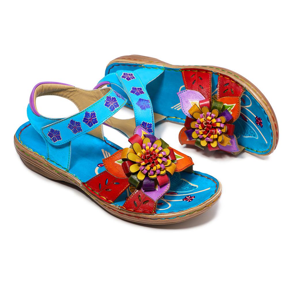 Peep Toe ploché sandály retro ručně vyráběné z pravé kůže měkká podrážka Pohodlné prodyšné dámské boty