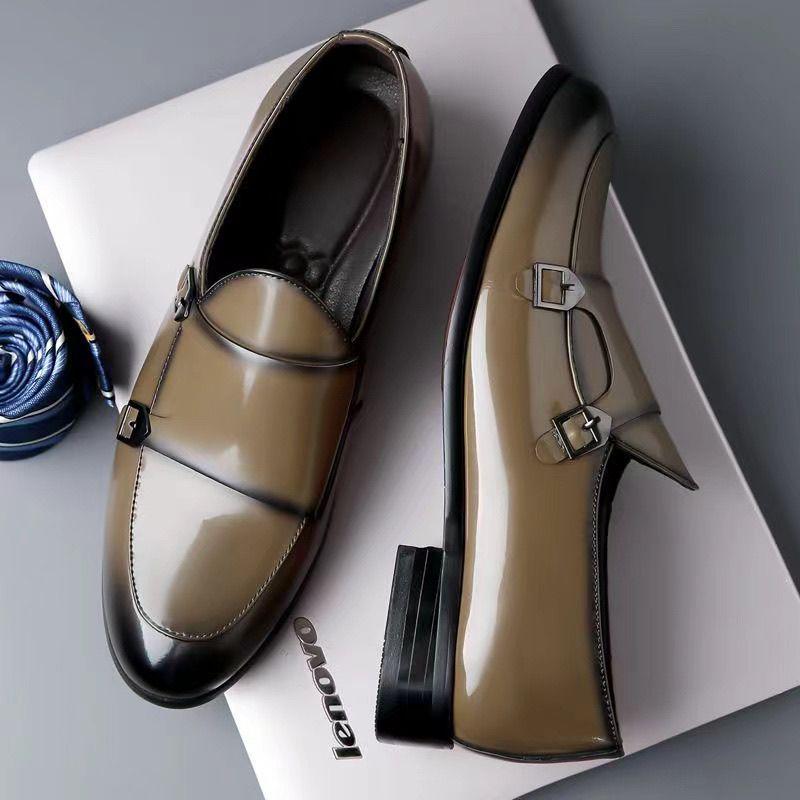 Men's Business Casual Double Buckle Pointed Toe Leather Monk Shoes - Shiny English Style Formal Footwear.