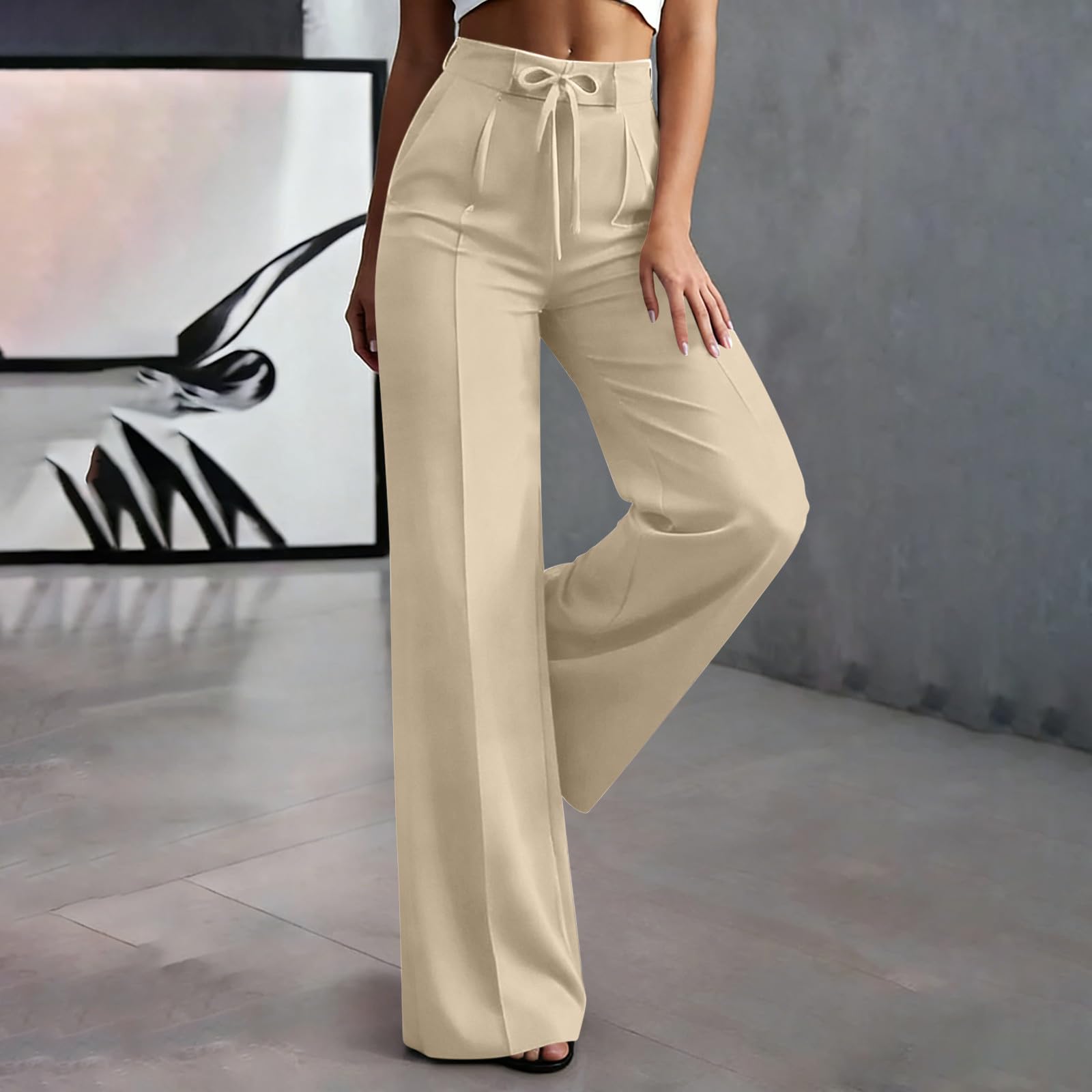 

Women s Loose Fit Wide Leg Dress Pants High Waist Elastic Waistband Casual Trousers with Drawstring Professional Office Wear M бежевый