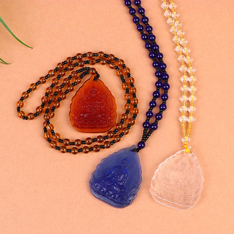 Blue White Gold And Yellow Crystal Carved Buddha Bodhisattva Pendant Necklace Jewelry Charm Aura Amulet Gift For Men Women