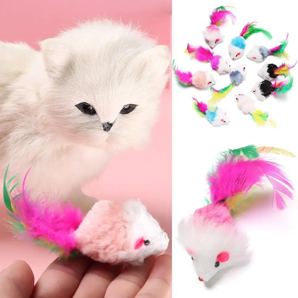 10Pcs Assorted Color Feather Tail Gift Interactive Cat Toy Kittens Mice Rattle Set Cat Mouse Toys