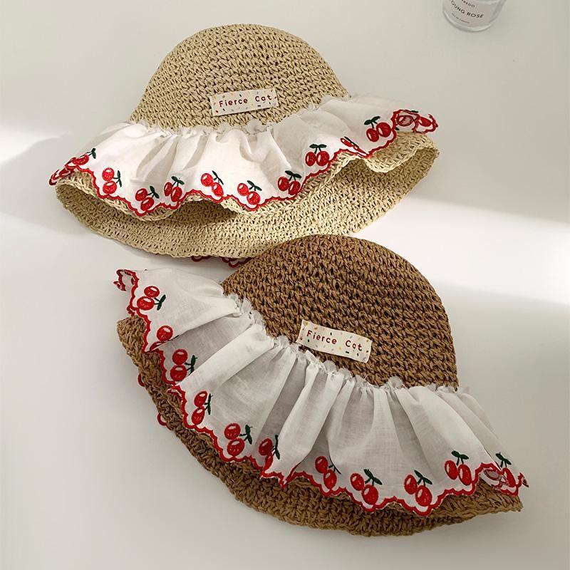 Cherry Sun Lace Hat Women Summer Beach Vacation Large Brim Sun Cap Protection