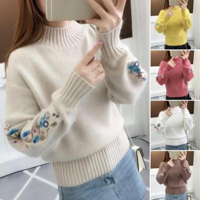 Women Sweater Floral Embroidery Solid Color Half High Collar Long Sleeve Knitwear Autumn Winter Loose Thick Pullover Sweater Streetwear