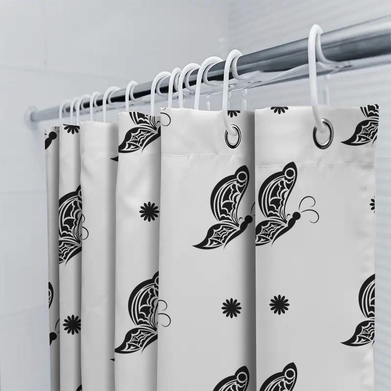 Butterfly Shower Curtain Black White Patterned Fabric Bathroom Decor Waterproof Liner Easy Install For Bathtub Sink Area Size Cu