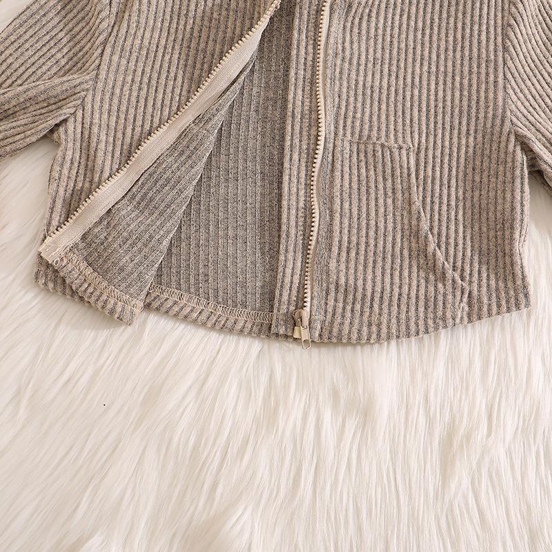 Mädchen Outfit Herbst Winter Neu Gestrickt Gerippt Langarm Kapuzen Reißverschluss Oberteil Mode Schlaghose