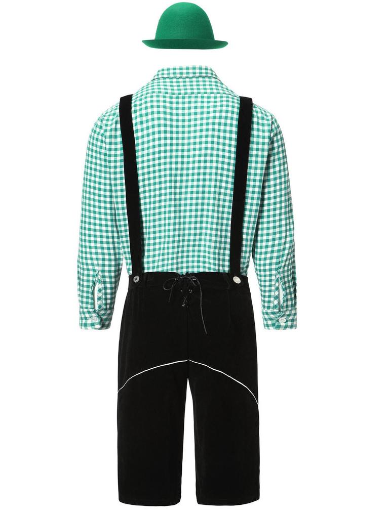 Men's Oktoberfest Outfit: Plaid Shirt, Denim Overalls, and Hat