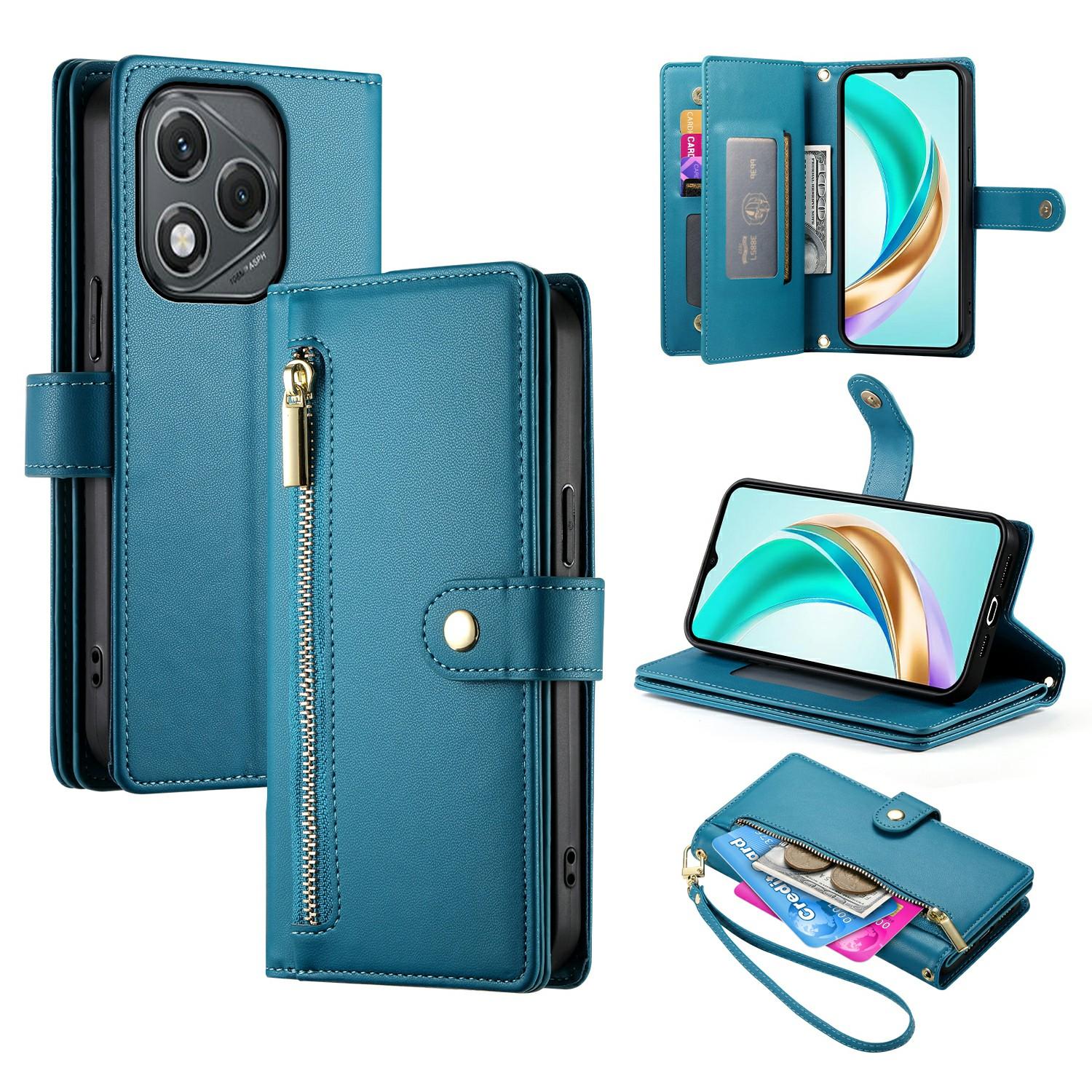 

DF-011 For Honor 400 Lite Case Zipper Pocket Wallet Leather Phone Cover with Straps Blue