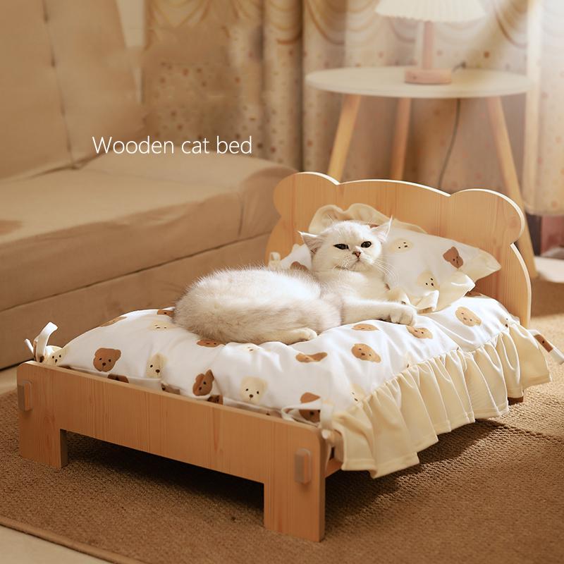 Wooden Pet Bed Cat Litter Dog Bed Four Season Universal Landing Kitten Wooden Removable Washable Teddy Cot House Accessories