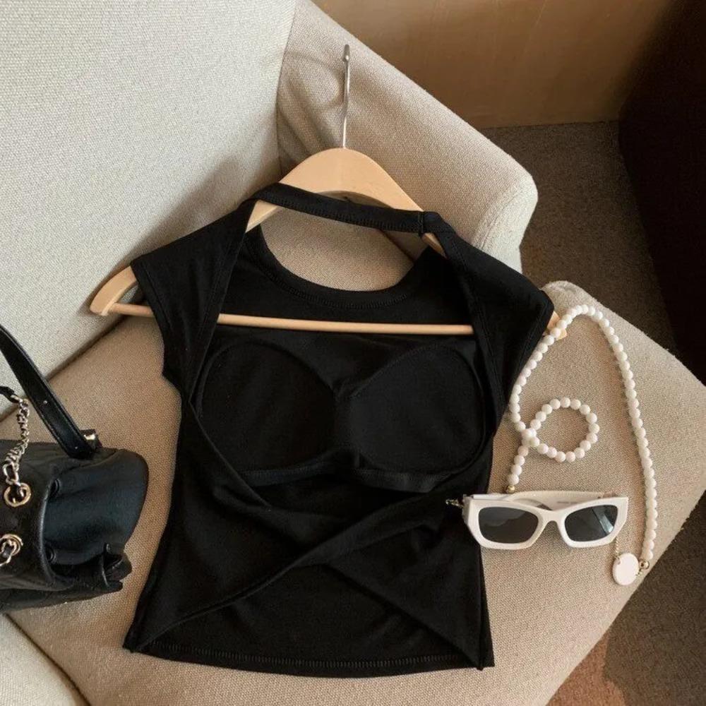Women's Summer Solid Color Backless Tank Top, Multi-Function Sports Casual Sleeveless Top