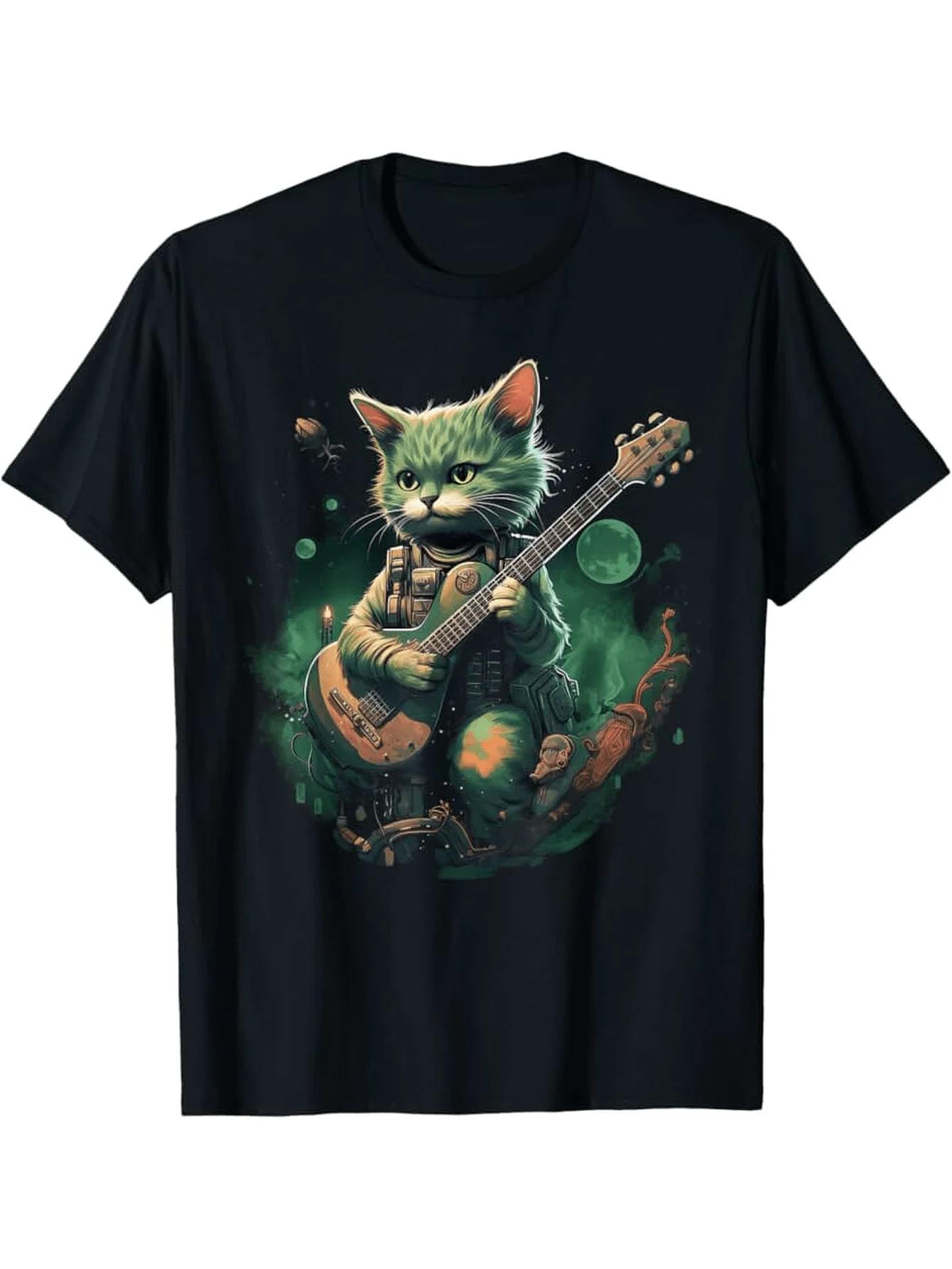 Rocking Military Cat Playing Guitar Graphic Tee Breathable Cotton Casual TShirt for Unisex S