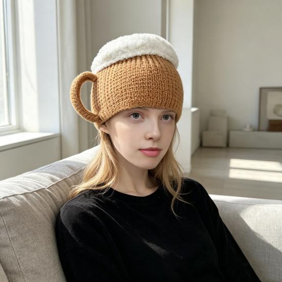Beer Mug Leg Warmers Funny Hat, Novelty Knitted Unique 3D Cup Headwear with Handles, Winter Warm Gloves for Adults, Men And Women Cozy Thanksgiving
