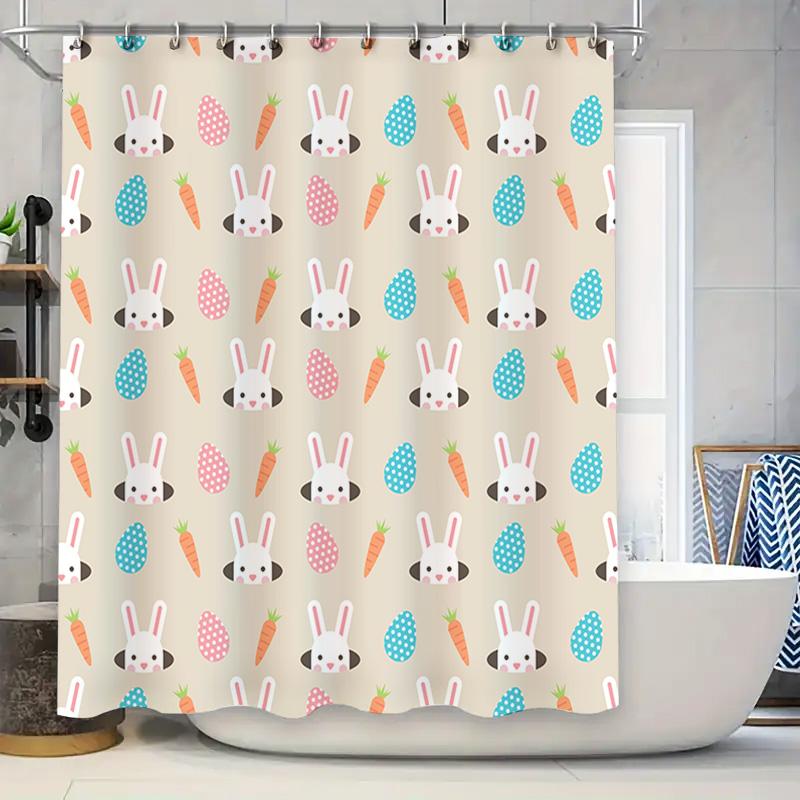 

Springtime Delight: Adorable Bunny Pattern Shower Curtain For Bathrooms Egg Carrot Design In Blue Pink! W60H190(CM)-1 Pcs
