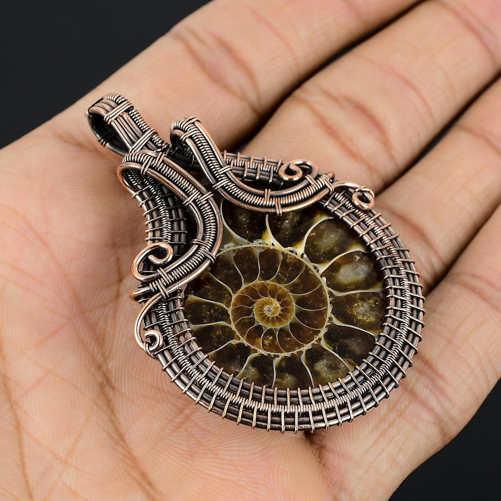 Ammonite Fossil 999 Copper Wire Wrapped Pendant, Handmade Gemstone Jewelry Pendant For Memorial Day