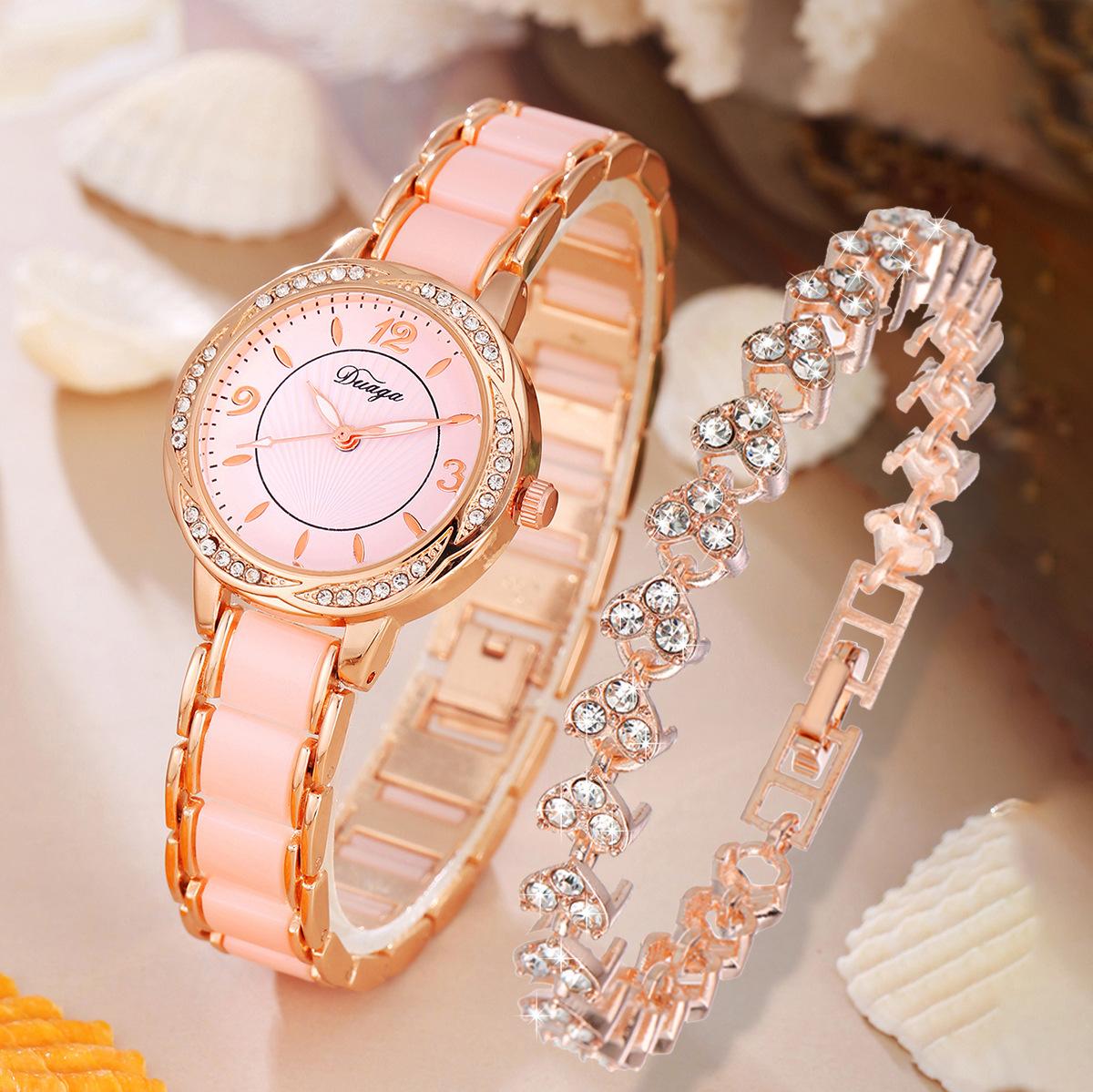 

Женские роскошные кварцевые часы из 2 частей, роскошный браслет из нержавеющей стали розовый