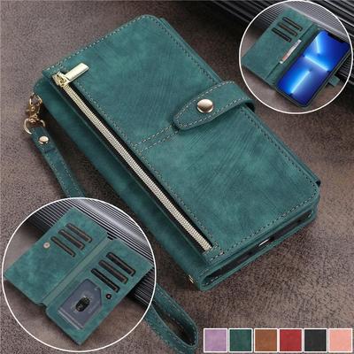 Long Lanyard Flip Leather Phone Case for iPhone 17 Air 16E 16 Pro Max 15 Plus 14 13 12 11 XS XR X Zipper Wallet Multi Card Cover