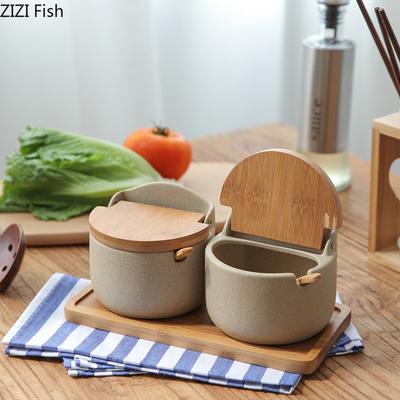 Japoński styl Szary ceramiczny pojemnik na przyprawy Cukier/sól Pojemnik Garnitur Przechowywanie kuchenne Narzędzie do przyprawiania z pokrywką