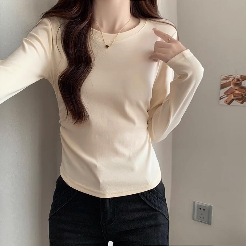 

Темно-серая футболка с длинными рукавами и маской для женщин на осень и зиму, новый стиль, низ с плиссированной талией, однотонный круглый вырез, замедляющий старение верх XL