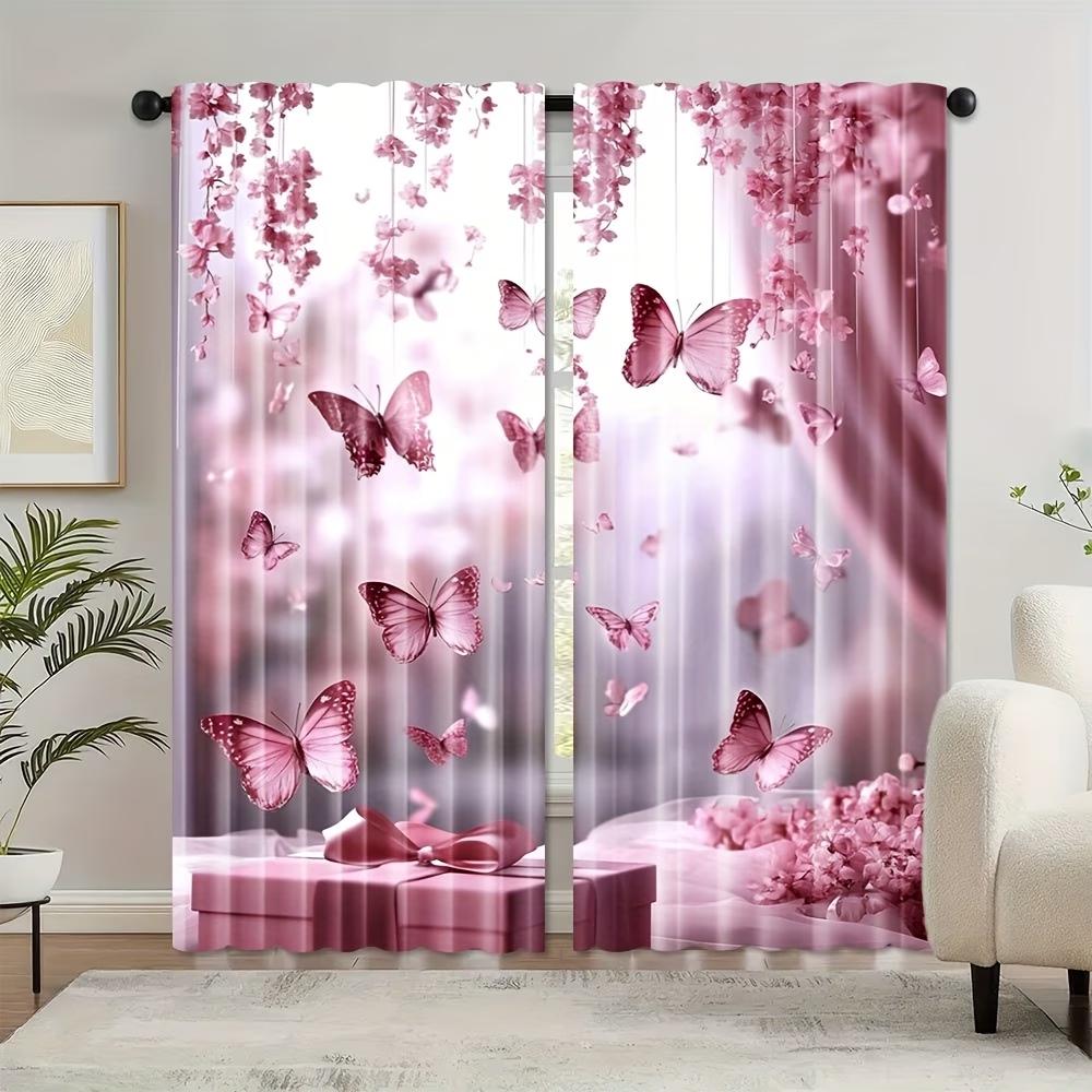 2PCS Digital Printed Curtains, Hot Pink Butterfly Vibrant Girly Insect, Window Curtains for Living Room Bedroom Home Decoration