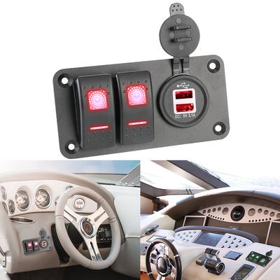 For Car Marine Ship Interior Parts LED Rocker Switch Panel Dual USB Port Socket Switch Circuit Control 12-24V Car Charger