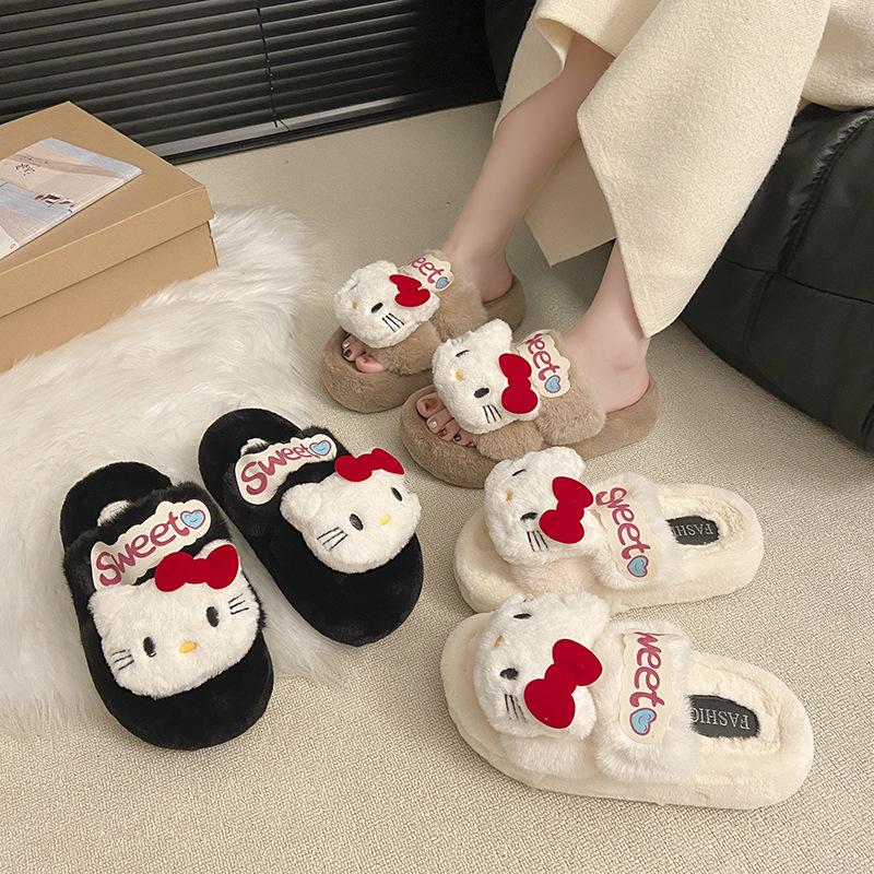 Apple green Kitty cat fluffy slippers girl autumn and winter lazy person wearing versatile thick-soled cotton slippers