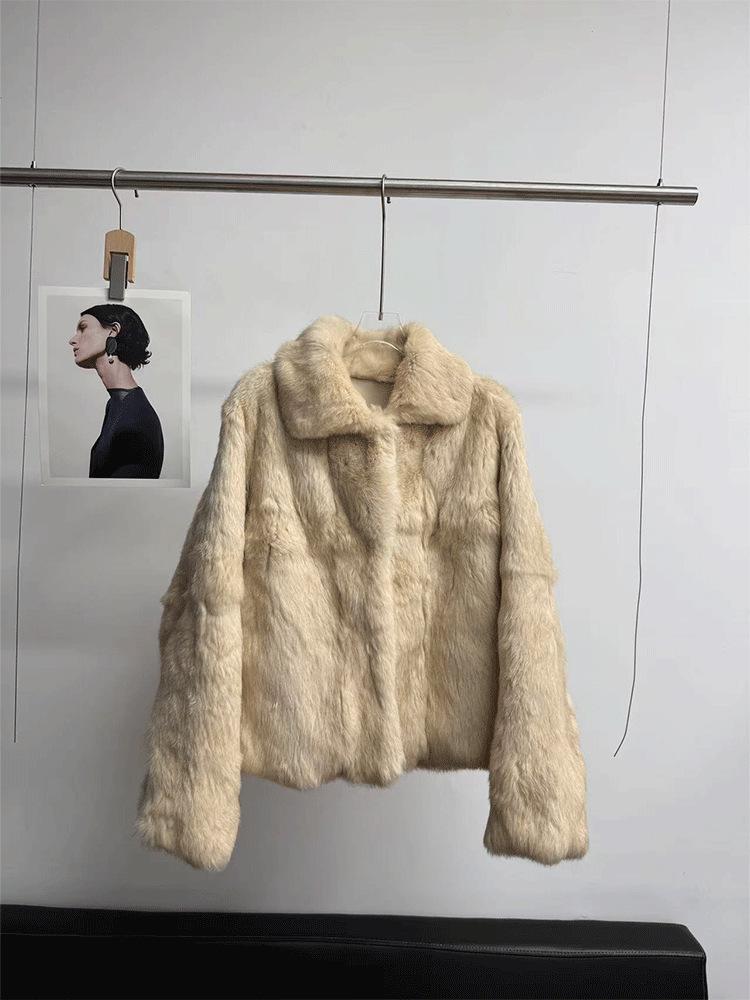 Women's Fashionable Two-Tone Real Rabbit Fur Collar Coat - 2025 Casual Short Style