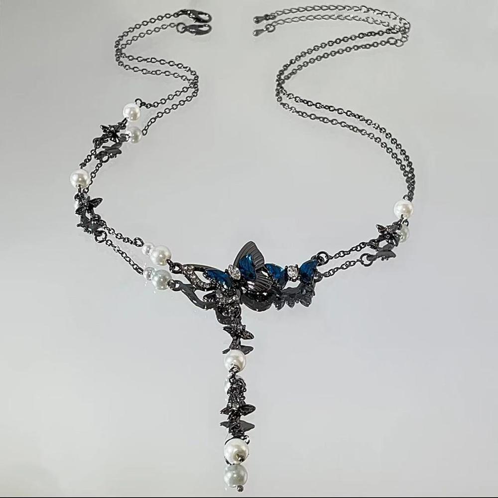 Blue Zircon Butterfly Tassel Necklace New Imitation Pearl Chain Y2K Design Creative Popular Collarbone Chain Women's Jewelry