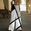 Women's Fashion Casual Button-down Sleeved Jumpsuit Retro Color Block Stitching Printed Cotton Pocket Jumpsuit