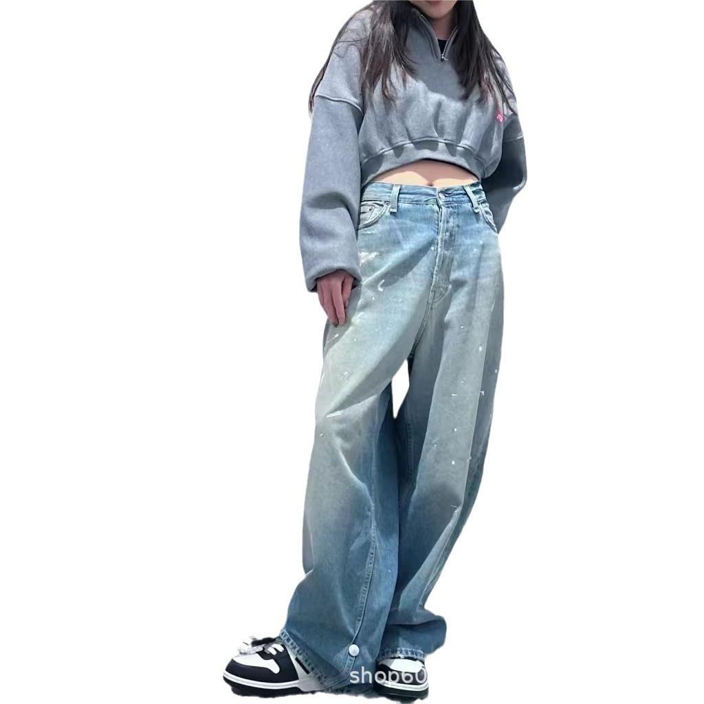 Wang Churan Vintage High Waist Ink Splatter Wide Leg Jeans M синий