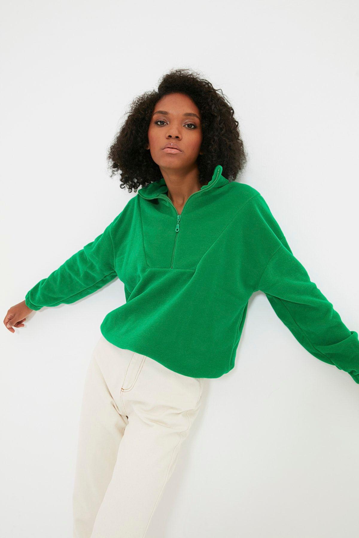 

Women s Fashionable Stylish Sweatshirt Emerald Green Zipper Detailed Fleece Knitted Sweatshirt L