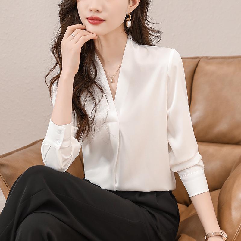 

White Satin V-Neck Long Sleeve Shirt for Women - 2025 Autumn French Design Small білий