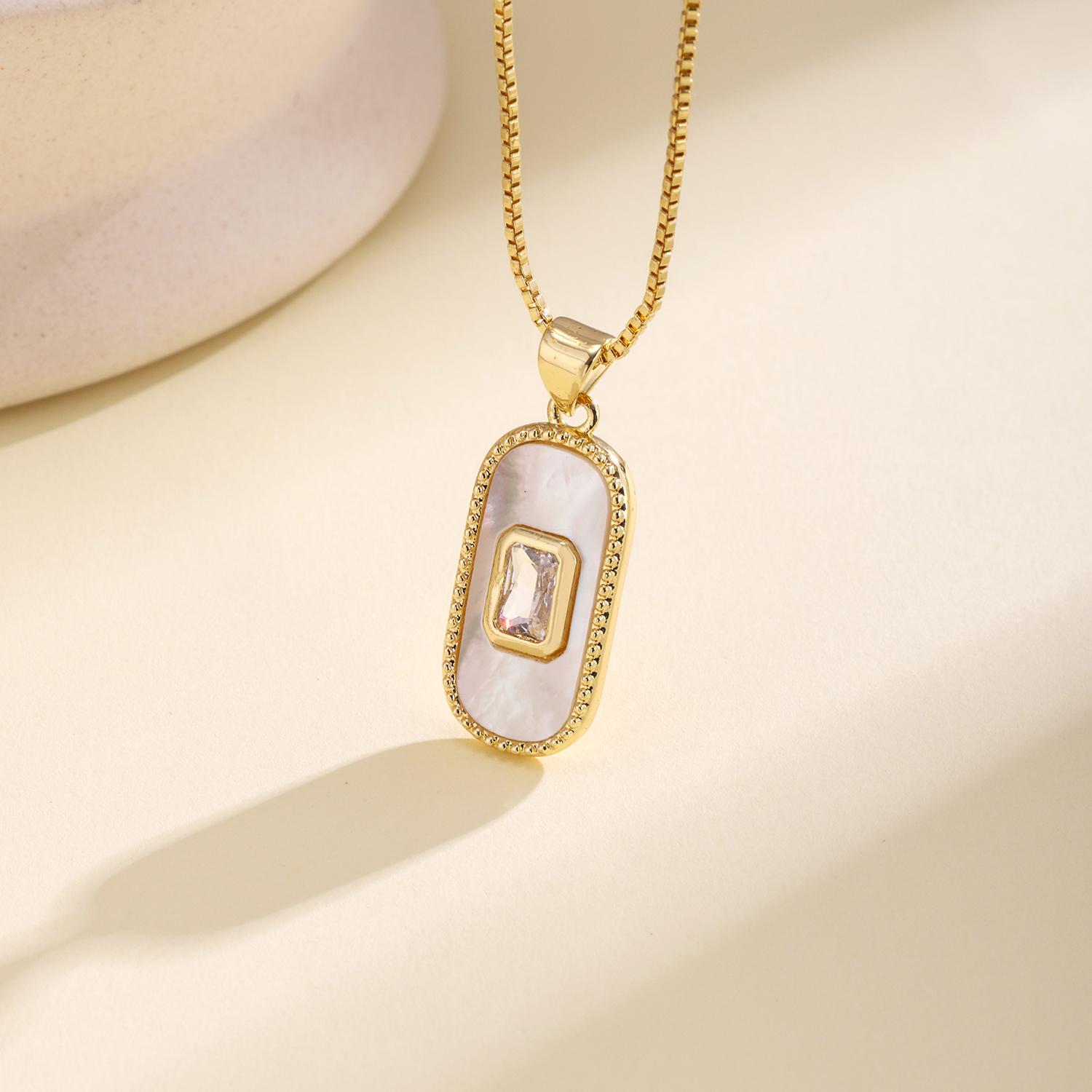 Nidin Trendy Zircon Shell Inlay Pendant Necklace For Women Elegant Square Teardrop Rectangle Minimalist Chain Jewelry Daily Wear