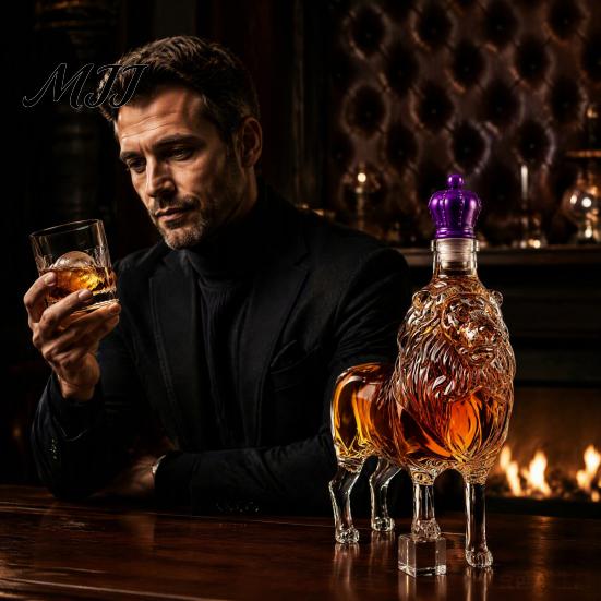 Sophisticated Liquor Serving Set Glass Lion Whiskey Decanter, Shape Dispenser, Unique Spirits Storage Royal Animal Theme Barware Bottle, Bar