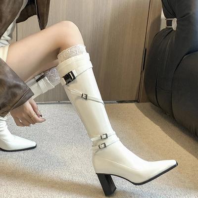 Fashion Winter Street Style Pointed Toe Woman Knee-High Boots Belt Buckle Zipper High Heels Long Booties Shoes
