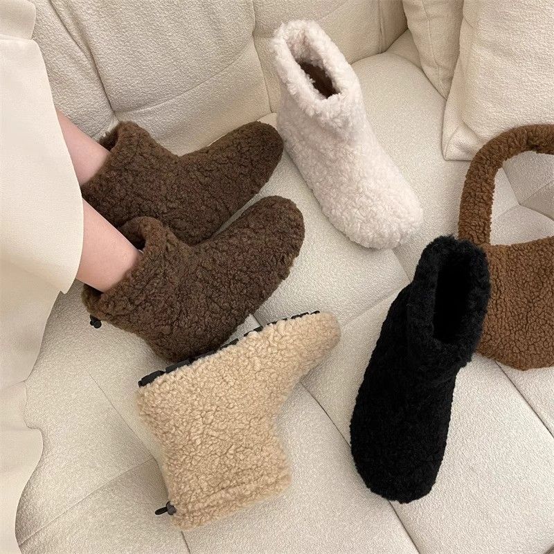 Flat Lamb Booties Round Toe Woman Shoes Sale Padded Y2k Trend 2025 Snow Boots for Women Autumn Winter Luxury Hot on Offer Boot