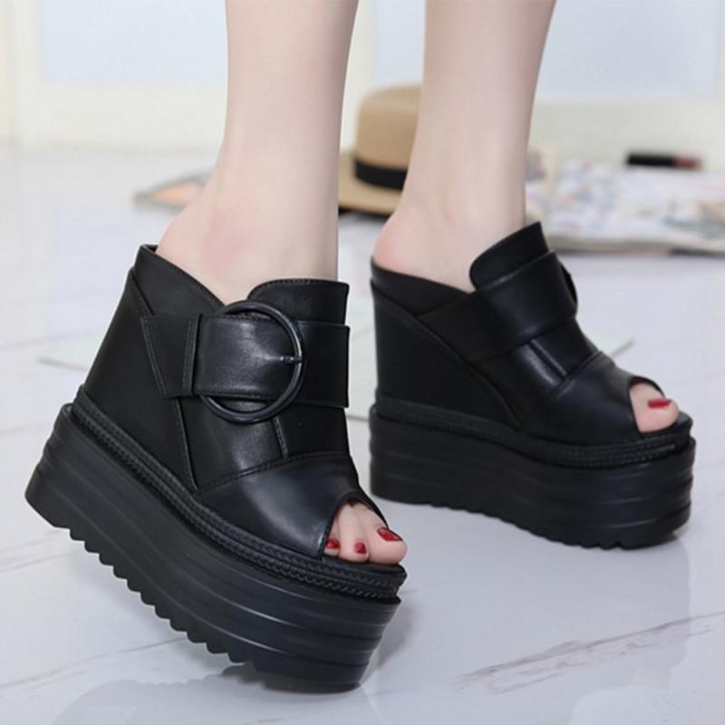 803-19 Slope heel high heels 14CM inner height increase thick sole fish mouth shoes waterproof table belt buckle fashionable cool slippers women