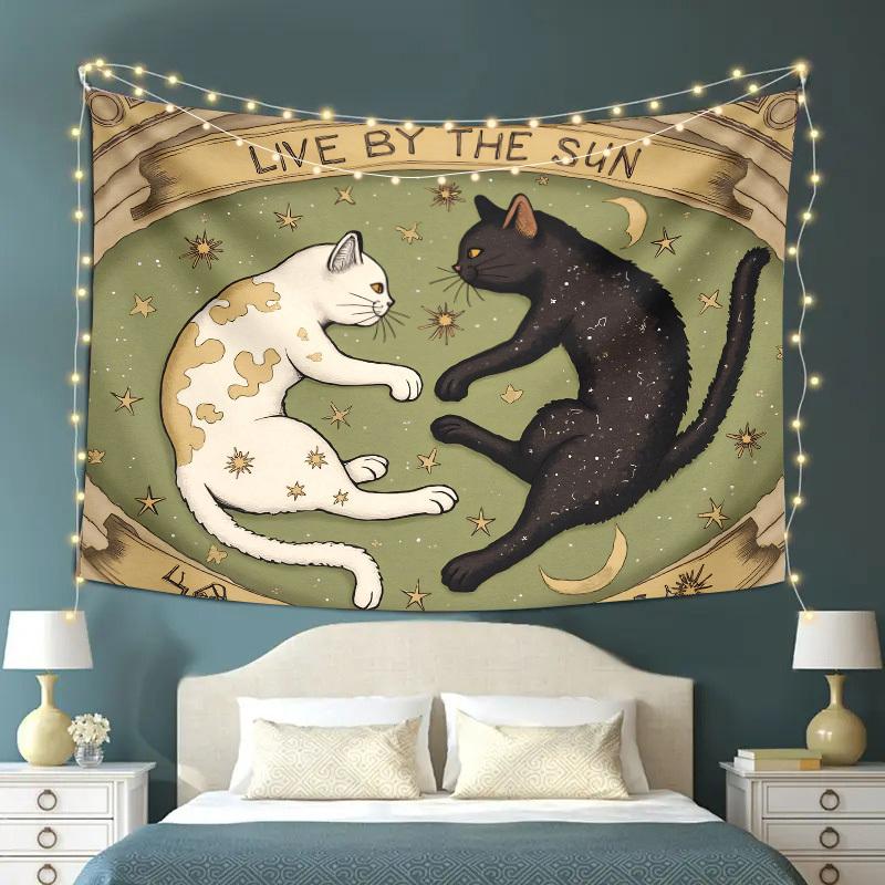 Celestial Cat Tapestry  Yin Yang Cats with Moon  Stars Witchy Boho Art Polyester 5161 in for Bedroom or Dorm