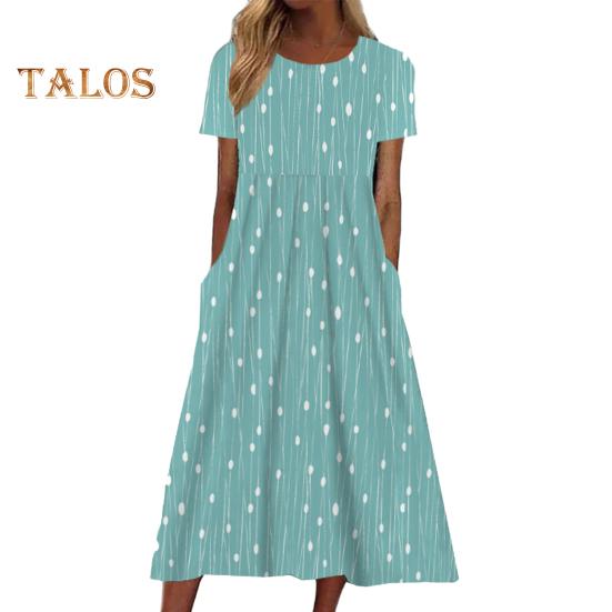 Damen Sommerkleid mit kurzen Ärmeln, lässiger Blumendruck, Rundhalsausschnitt, Midikleid mit Taschen, fließendes A-Linien-Strandkleid