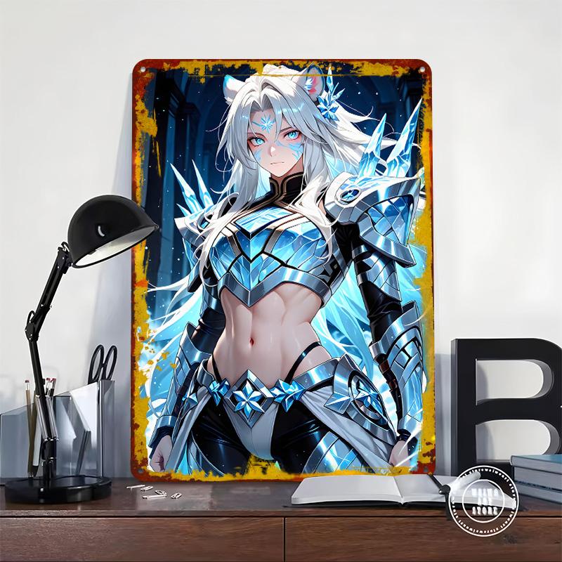 Ice Warrior Anime Girl Tinplate Poster Customized Wall Art Vintage Retro Metal Signs for Coffee Bar Accessories Office Decor