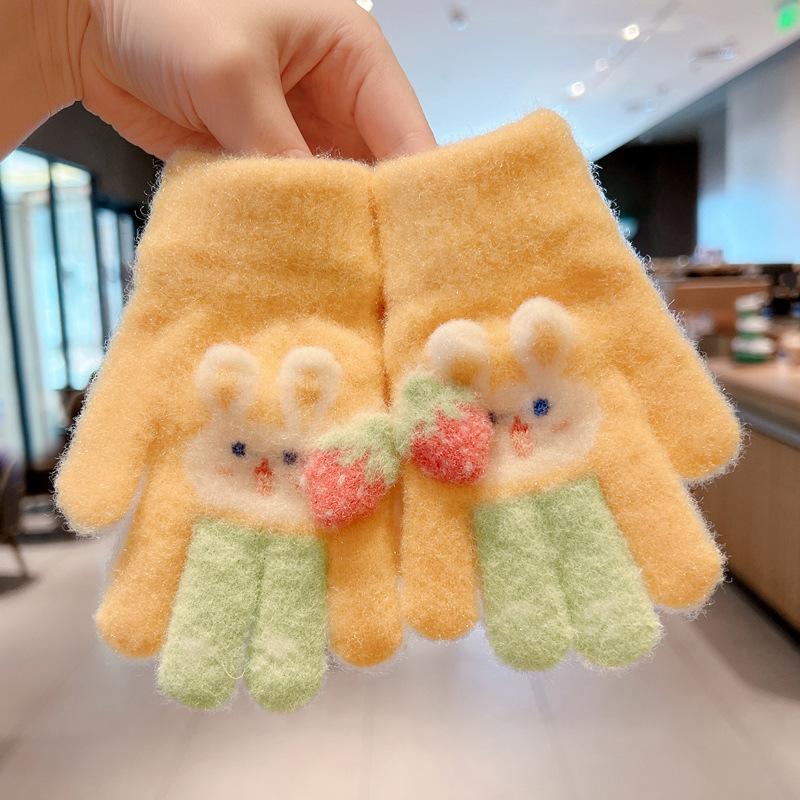 Children's Gloves Autumn and Winter Men's and Women's Plush Thickened Warm Finger Children's Color Cartoon Rabbit Outdoor Play