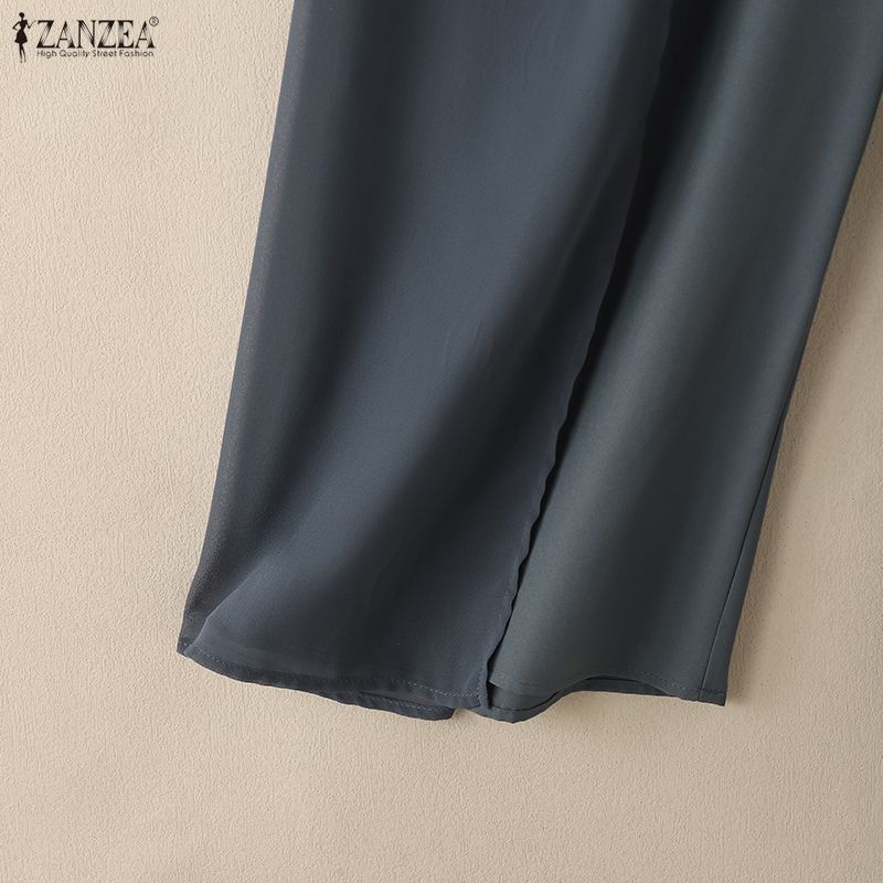 ZANZEA Womens Casual Solid Color Loose Chiffon Splice Wide Leg Pants