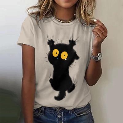 Lustiges Katzen-Print-Frauen-T-Shirt, Oberteil, Pullover, lockeres T-Shirt, kurzärmelig, Street-O-Ausschnitt, Polyester, weibliche Freizeitkleidung, Sommer
