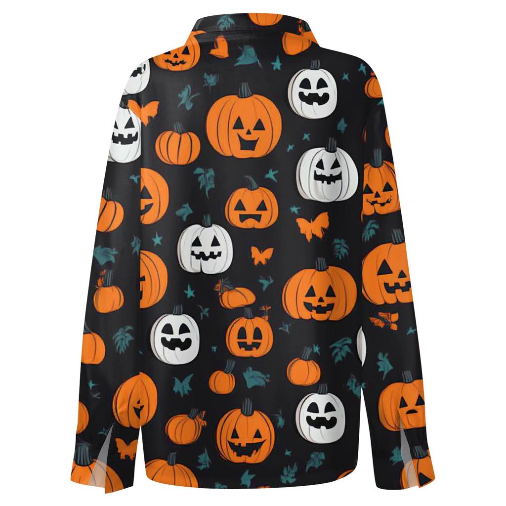 Damen Hemd Bluse Halloween Print Knopf Langarm Lässig Basic Hemdkragen Regulär Top